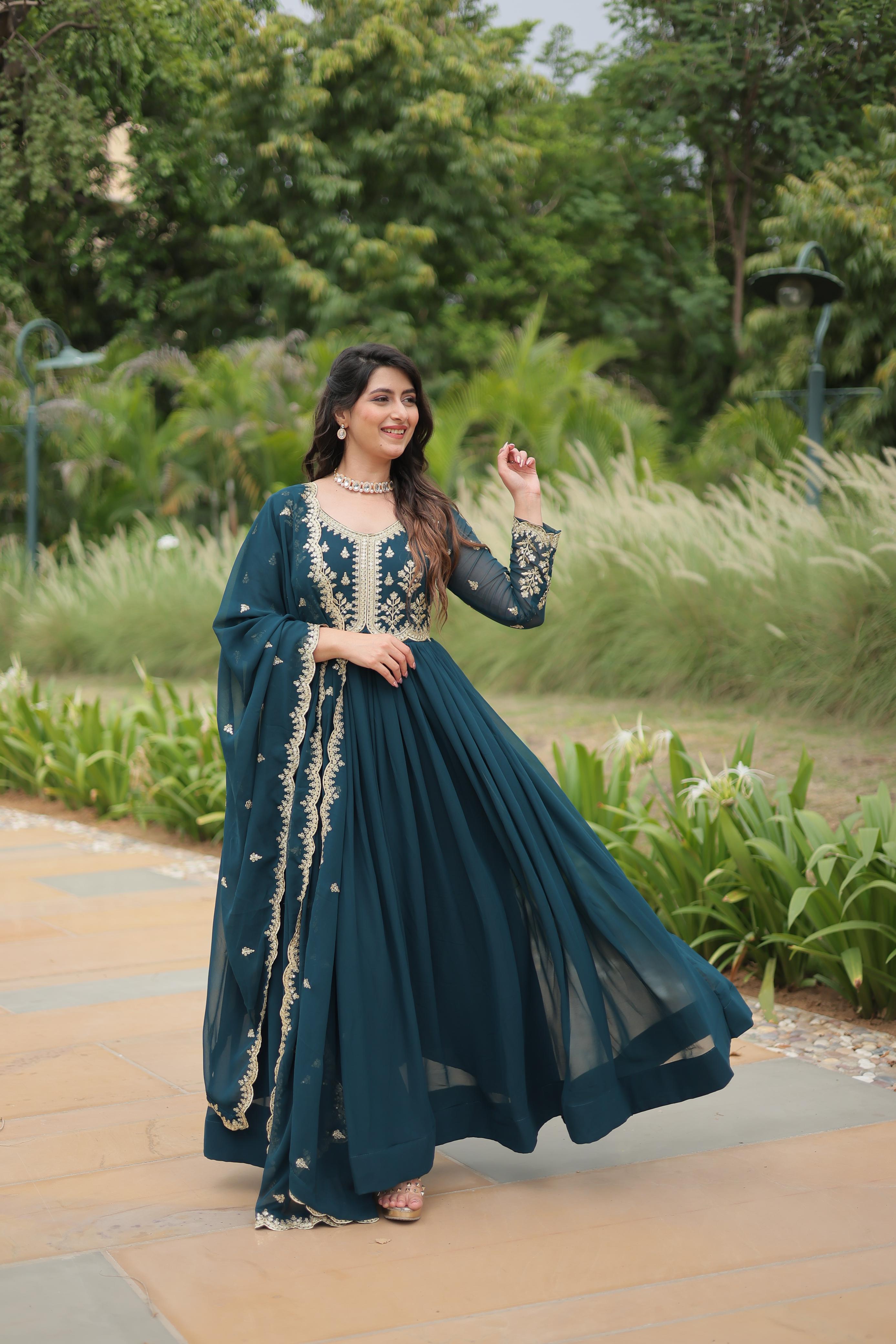 Evanik Rama Faux Blooming Gown With Dupatta With Sequins-Multi & Zari Embroidered Work | Grocsy
