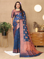 Lorenvalley Fashion Rama Soft Katan Silk Woven Design Copper Zari Weaving Saree | Grocsy