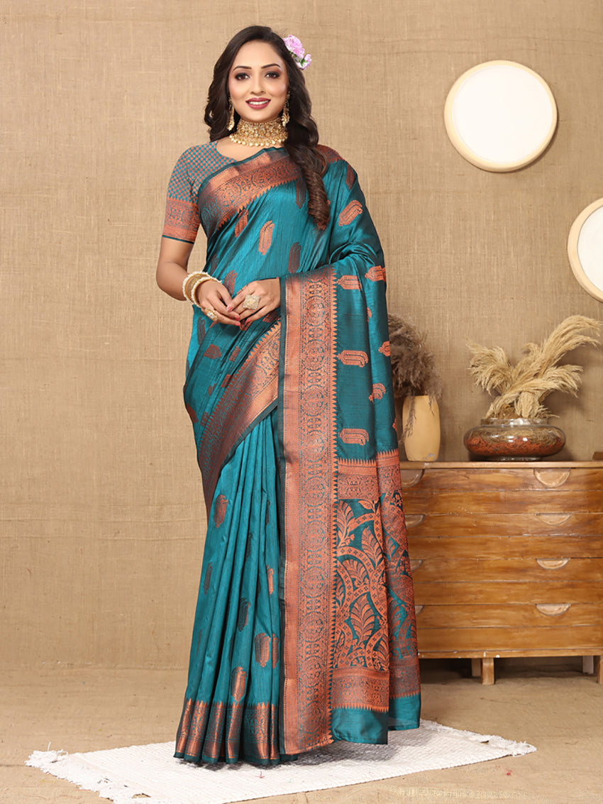 Lorenvalley Fashion Rama Soft Katan Silk Woven Design Copper Zari Weaving Saree | Grocsy