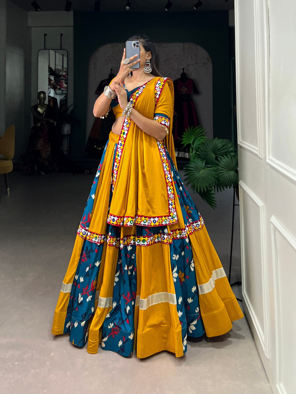 Lorenvalley Rayon Yellow and Rama with Printed Silk Original Mirror Gamthi Work and Embossed Design Gota Lehenga Choli with Dupatta | Grocsy