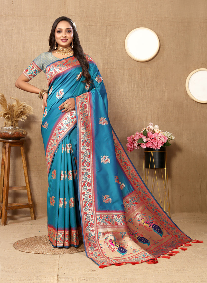 Lorenvalley Fashion Rama Soft Paithani Silk Woven Design Rich Meenakari Zari Weaving Pallu Saree | Grocsy