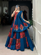 Lorenvalley Pure Cotton Rama Plain And Printed With Foil Work Lehenga Choli with Dupatta | Grocsy