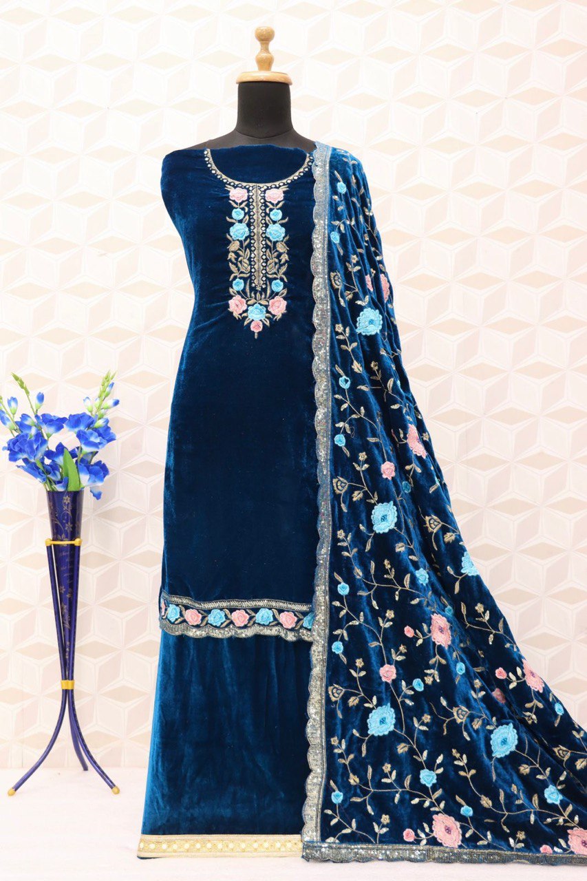 Lorenvalley Fashion Women Rama Velvet Embroidered Salwar Suit Material | Grocsy
