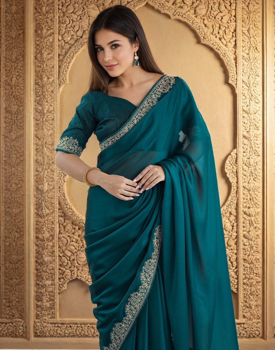 Lorenvalley Fashion Rama Rangoli Silk with Coding Lace Work Saree with Blouse | Grocsy