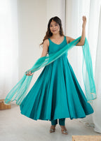 Lorenvalley Fashion Rama Pure Roman Silk Chanderi Fabric Yoke Fancy Lace Work Anarkali Kurta Pant With Dupatta Set | Grocsy