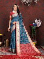 Lorenvalley Fashion Rama Patola Silk Woven Design with Zari Meenakari Weaving motifs Pallu Saree | Grocsy