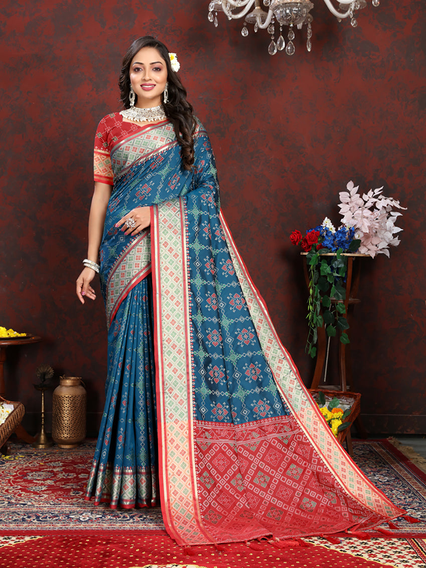Lorenvalley Fashion Rama Patola Silk Woven Design with Zari Meenakari Weaving motifs Pallu Saree | Grocsy