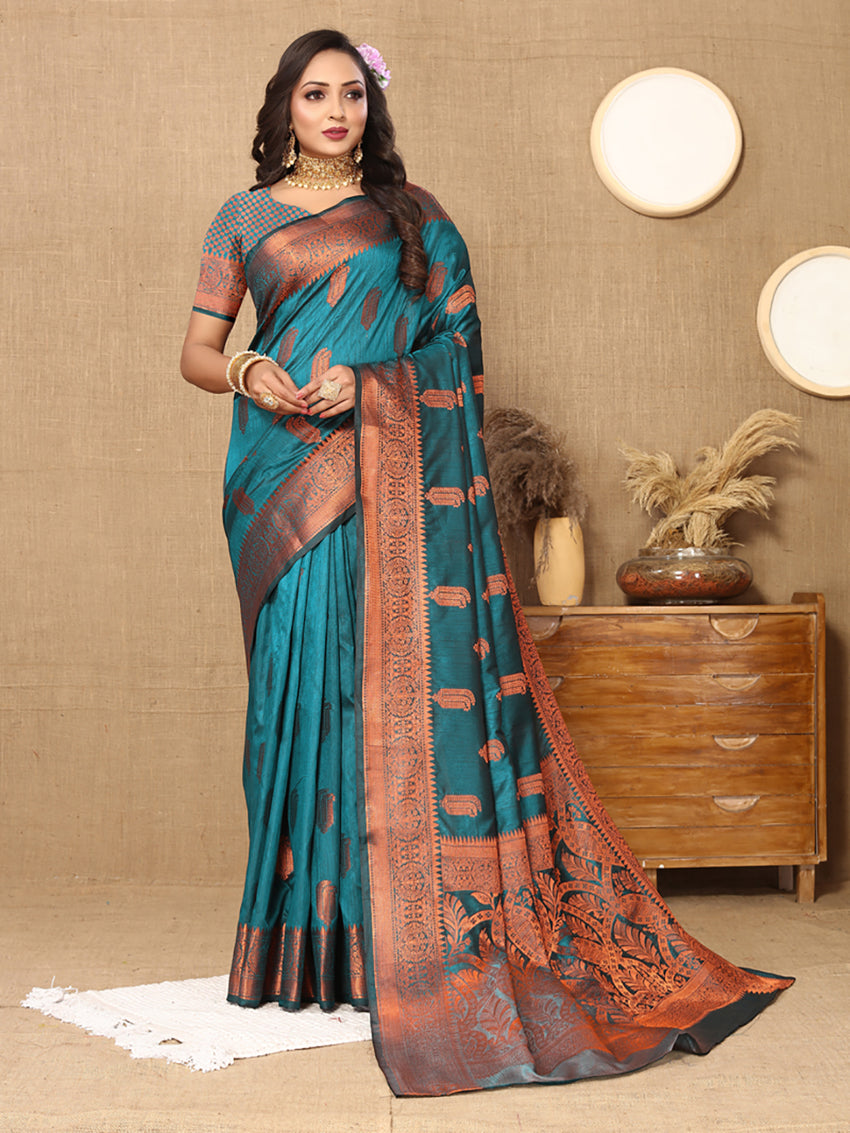 Lorenvalley Fashion Rama Soft Katan Silk Woven Design Copper Zari Weaving Saree | Grocsy