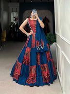 Lorenvalley Pure Cotton Rama Plain And Printed With Foil Work Lehenga Choli with Dupatta | Grocsy