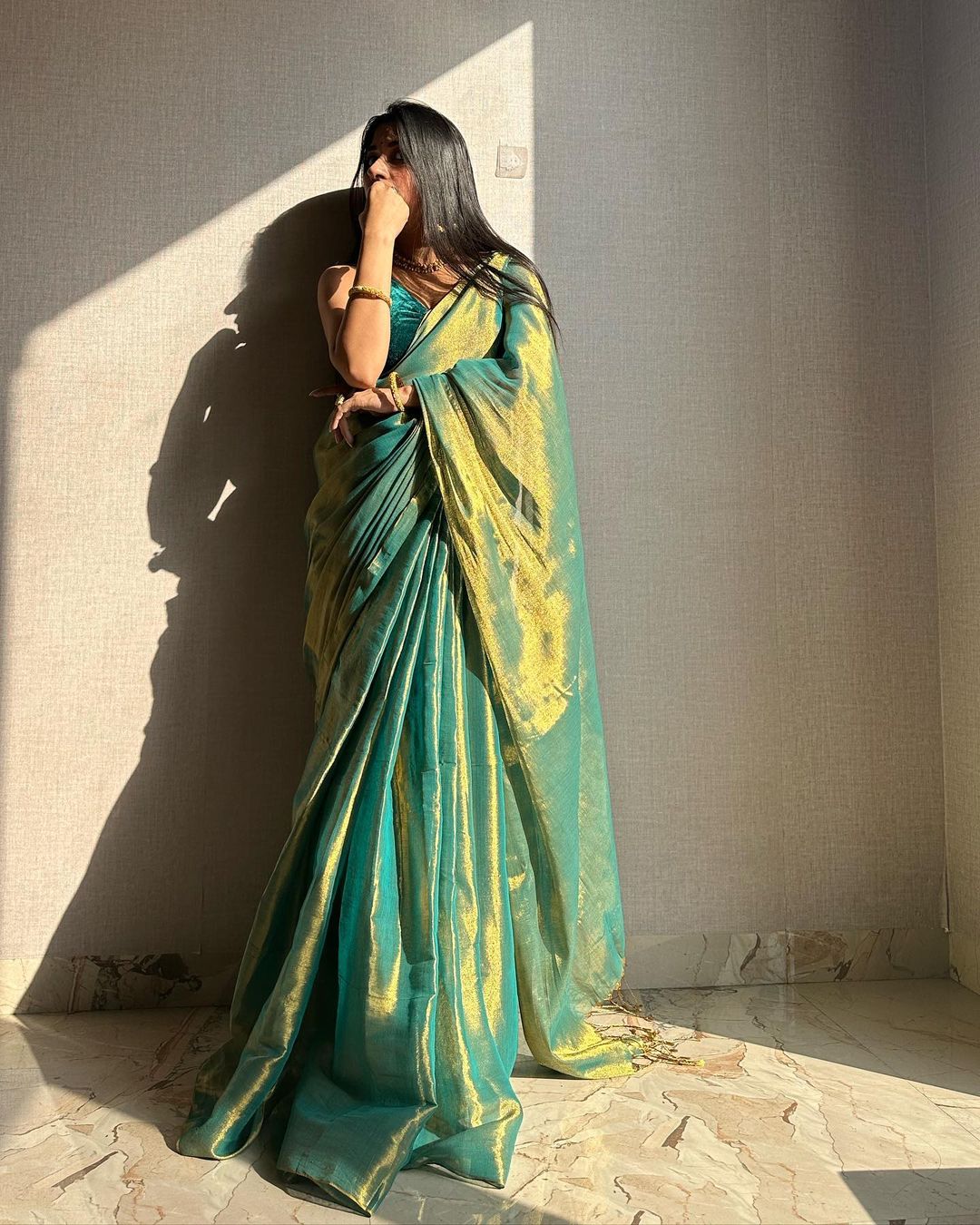 Evanik Rama Shaded Fendy Silk wedding and partywear Saree with Blouse | Grocsy