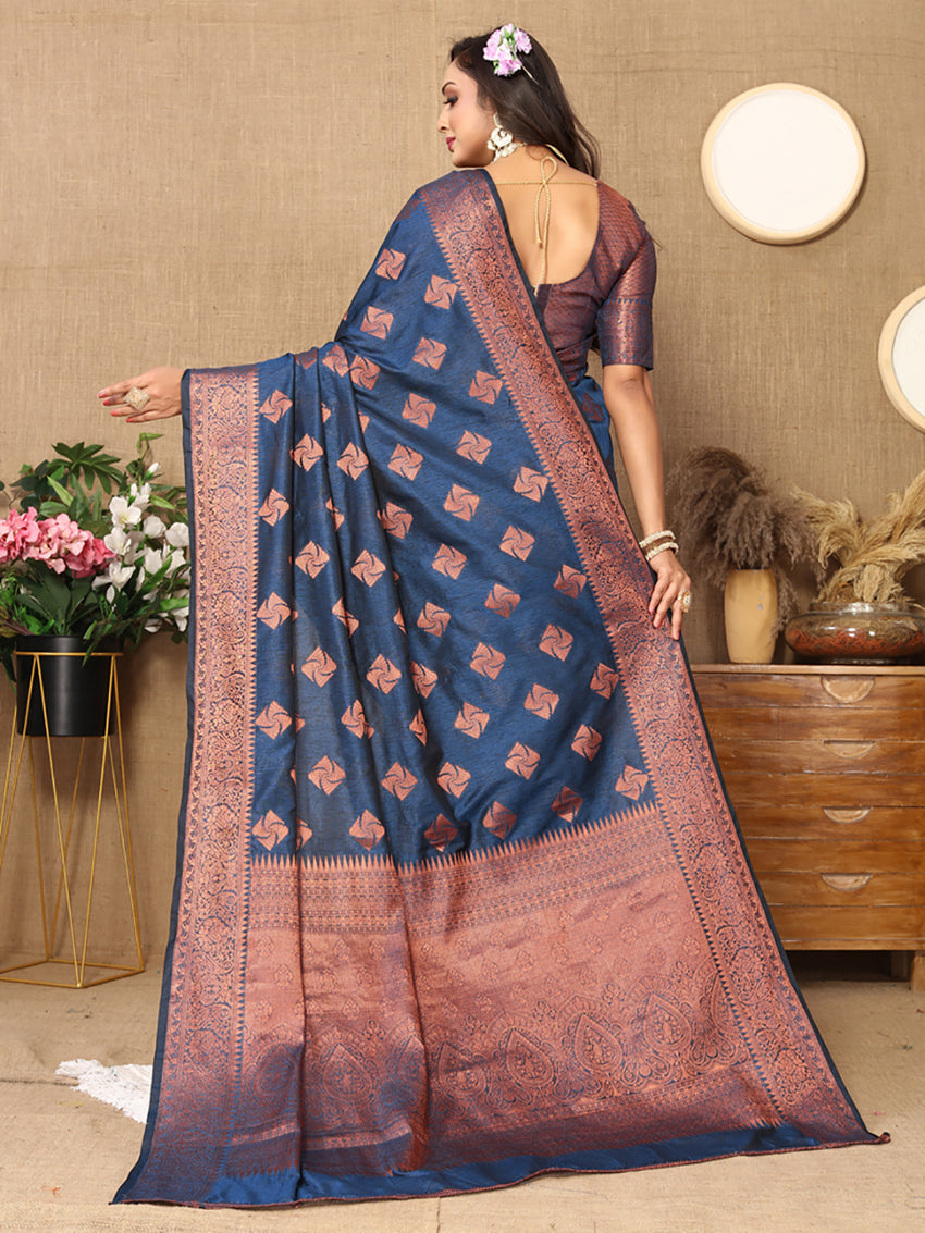 Lorenvalley Fashion Rama Soft Katan Silk Woven Design Copper Zari Weaving Saree | Grocsy
