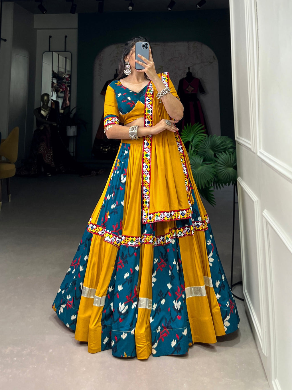 Lorenvalley Rayon Yellow and Rama with Printed Silk Original Mirror Gamthi Work and Embossed Design Gota Lehenga Choli with Dupatta | Grocsy