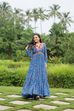 Lorenvalley Rama Faux Georgette Bandhani Print Work With Kutchi Patch Work Gown | Grocsy