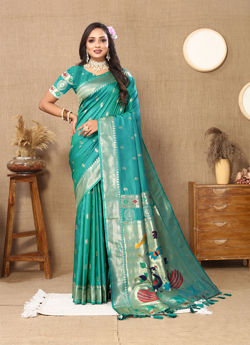 Lorenvalley Fashion Rama Soft Paithani Silk Woven Design Rich Zari Meenakari Weaving Saree | Grocsy