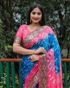 Lorenvalley Premium Pure Bandhej Tapeta Soft light weight silk saree with zari weaving Border - Multicolor | Grocsy