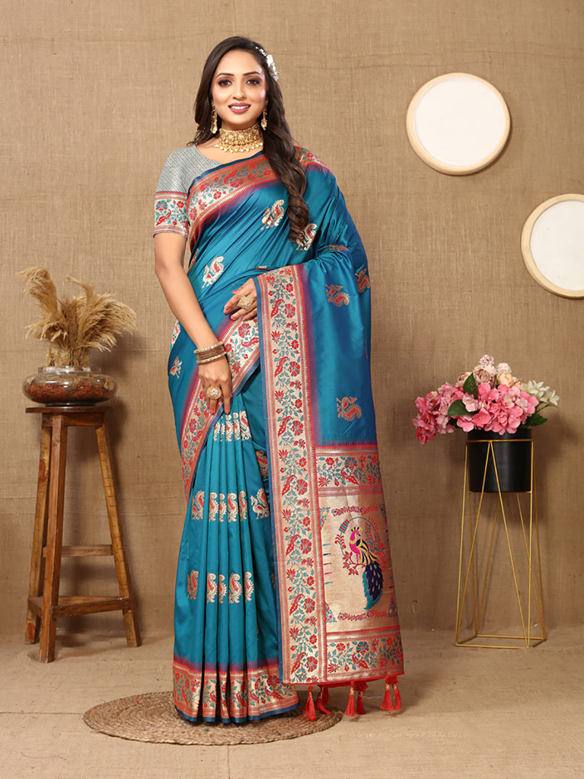 Lorenvalley Fashion Rama Soft Paithani Silk Woven Design Rich Meenakari Zari Weaving Pallu Saree | Grocsy