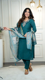 Lorenvalley Fashion Rama Roman Silk Hand Work Kurta Pant with Dupatta | Grocsy