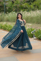 Evanik Rama Faux Blooming Gown With Dupatta With Sequins-Multi & Zari Embroidered Work | Grocsy
