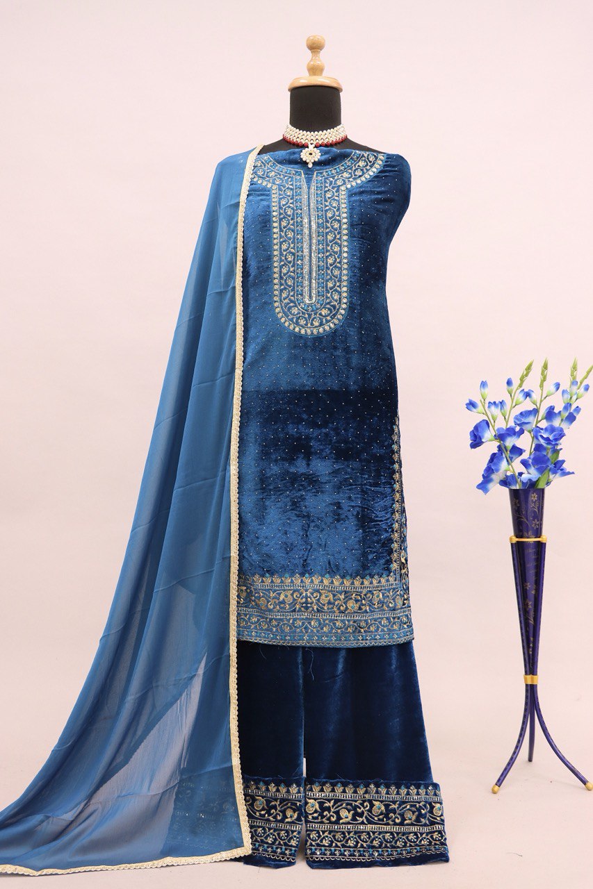 Lorenvalley Fashion Women Rama Velvet Embroidered Salwar Suit Material | Grocsy