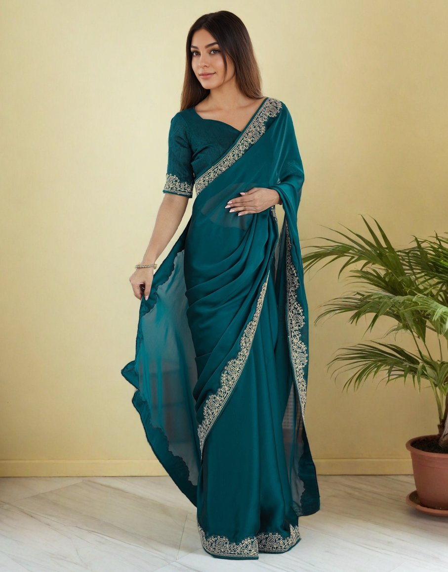 Lorenvalley Fashion Rama Rangoli Silk with Coding Lace Work Saree with Blouse | Grocsy