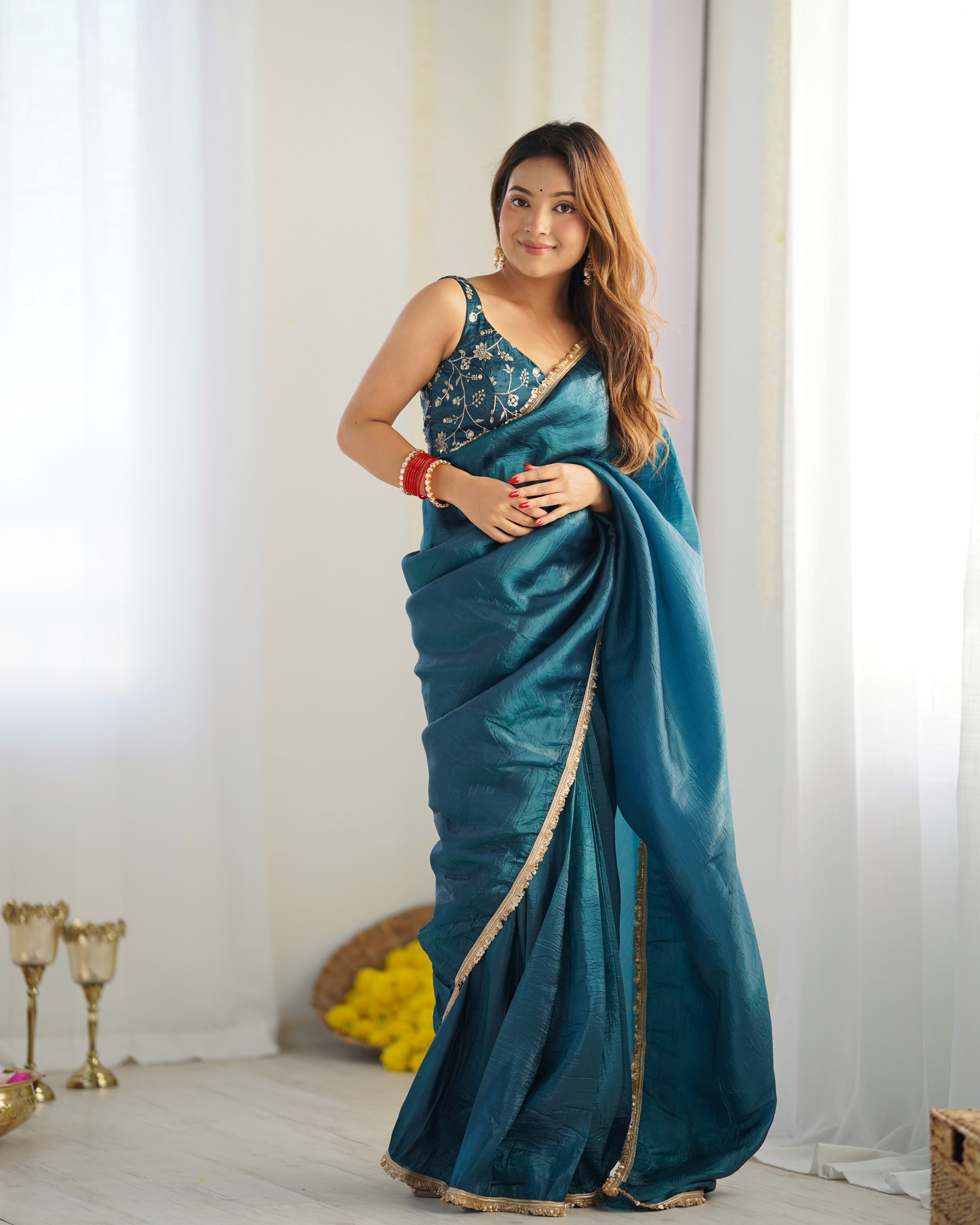 Lorenvalley Ready to wear Crush Tissue Silk Fabric Fancy Border Premium Lace Work Predrapped Saree | Grocsy