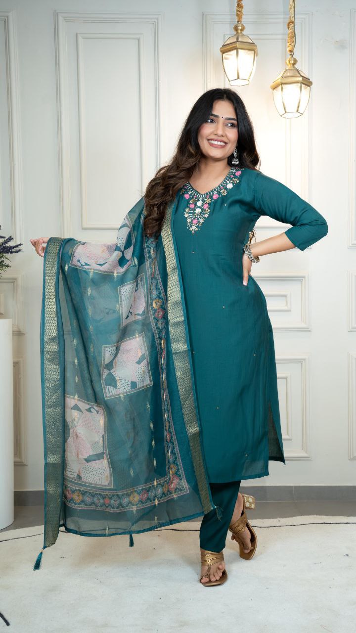 Lorenvalley Fashion Rama Roman Silk Hand Work Kurta Pant with Dupatta | Grocsy