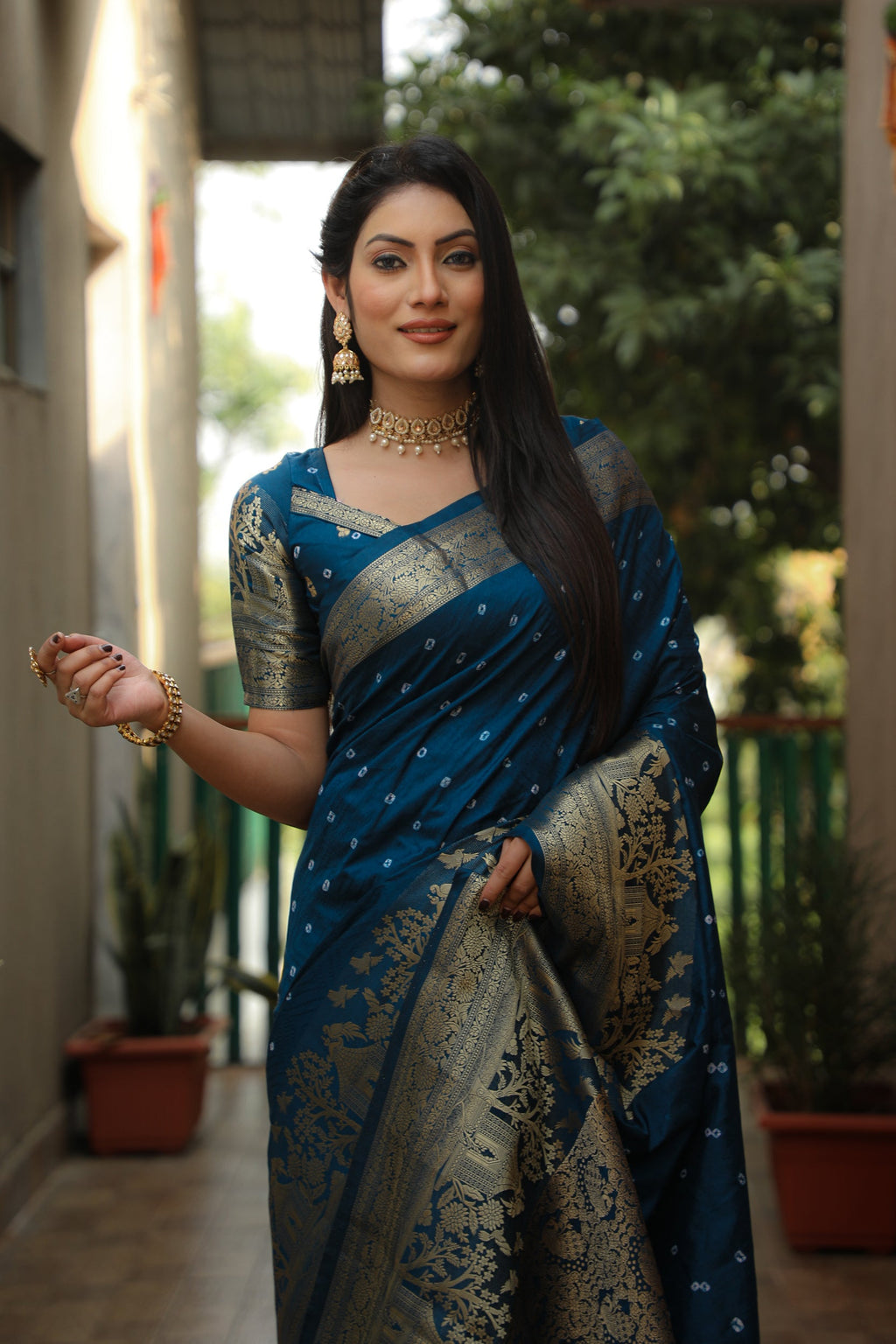 Lorenvalley Premium Pure Handmade Bandhej Kanjivaram silk saree with Zari Weaving Rich Pallu saree - Rama | Grocsy