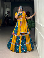 Lorenvalley Rayon Yellow and Rama with Printed Silk Original Mirror Gamthi Work and Embossed Design Gota Lehenga Choli with Dupatta | Grocsy