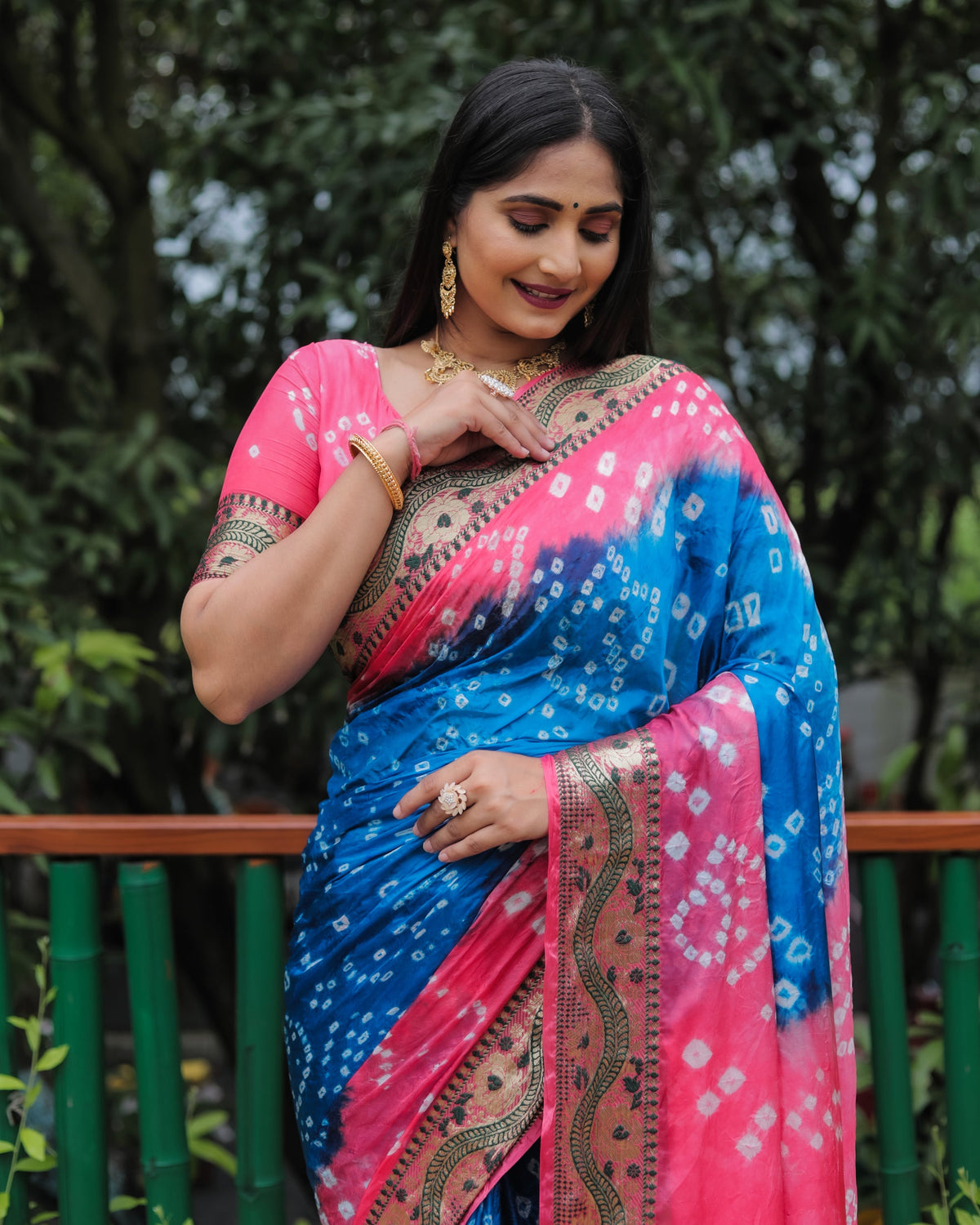 Lorenvalley Premium Pure Bandhej Tapeta Soft light weight silk saree with zari weaving Border - Multicolor | Grocsy