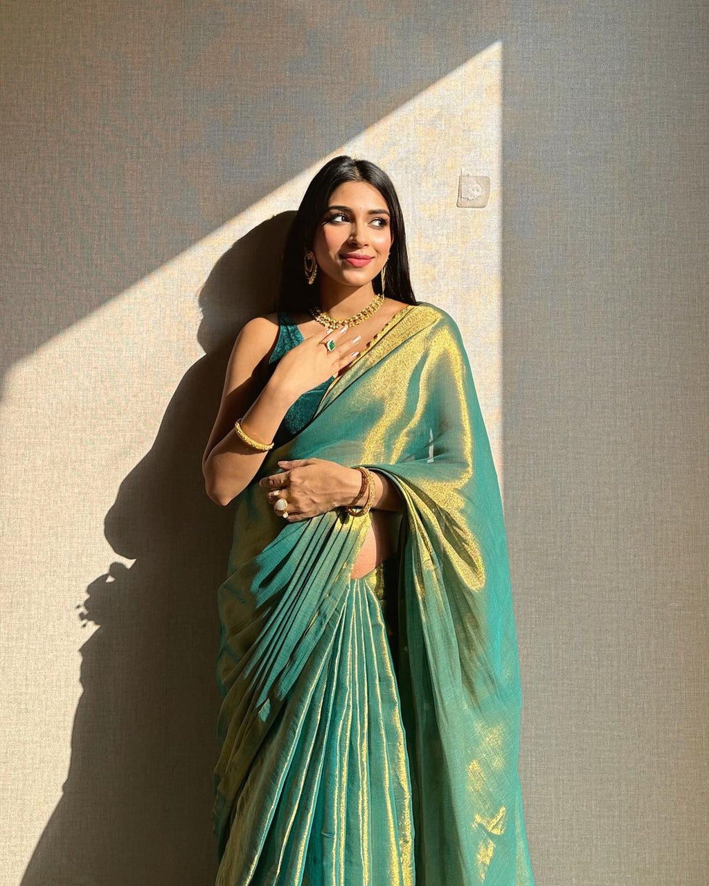 Evanik Rama Shaded Fendy Silk wedding and partywear Saree with Blouse | Grocsy