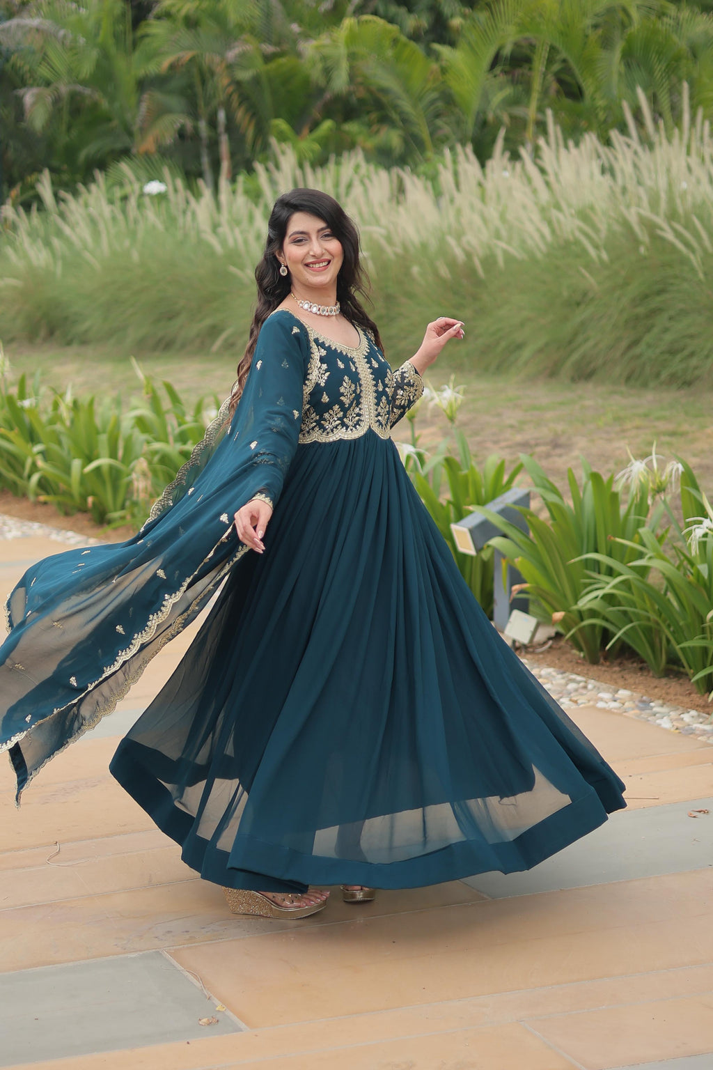 Evanik Rama Faux Blooming Gown With Dupatta With Sequins-Multi & Zari Embroidered Work | Grocsy