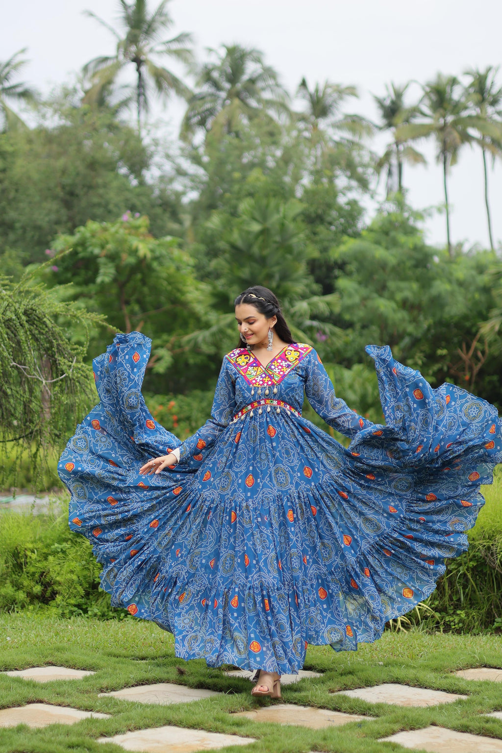 Lorenvalley Rama Faux Georgette Bandhani Print Work With Kutchi Patch Work Gown | Grocsy