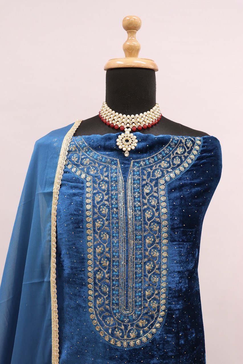 Lorenvalley Fashion Women Rama Velvet Embroidered Salwar Suit Material | Grocsy