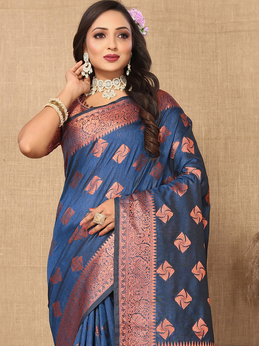 Lorenvalley Fashion Rama Soft Katan Silk Woven Design Copper Zari Weaving Saree | Grocsy