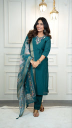 Lorenvalley Fashion Rama Roman Silk Hand Work Kurta Pant with Dupatta | Grocsy