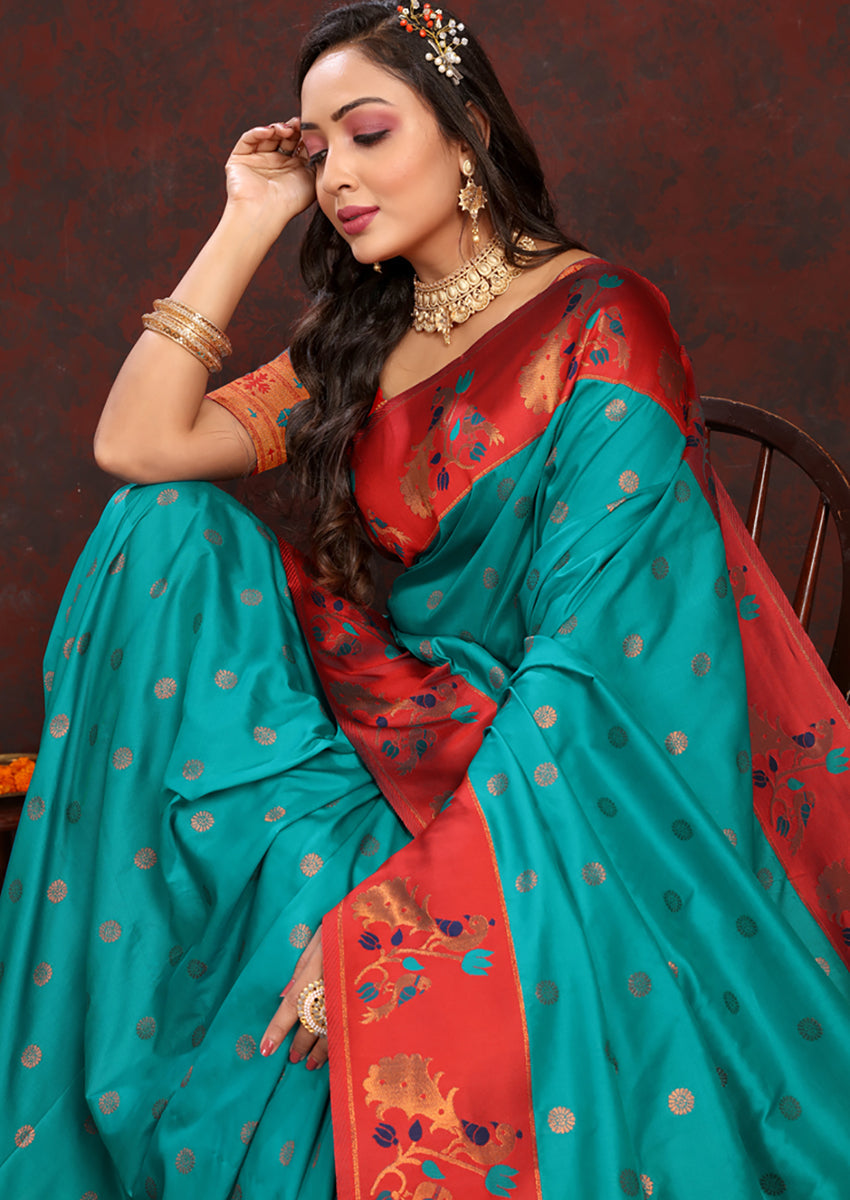 Lorenvalley Fashion Rama Soft Paithani Silk Woven Design Rich Zari Meenakari Weaving Saree | Grocsy