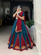 Lorenvalley Rama Pure Cotton Plain And Gamthi Patch Work With Gota Patti Lehenga Choli with Dupatta | Grocsy