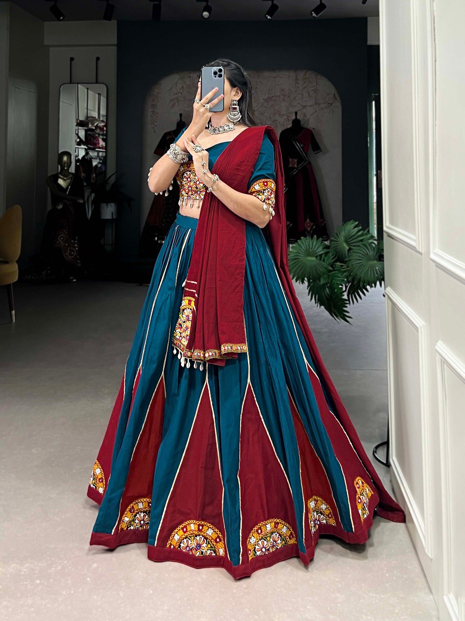 Lorenvalley Rama Pure Cotton Plain And Gamthi Patch Work With Gota Patti Lehenga Choli with Dupatta | Grocsy