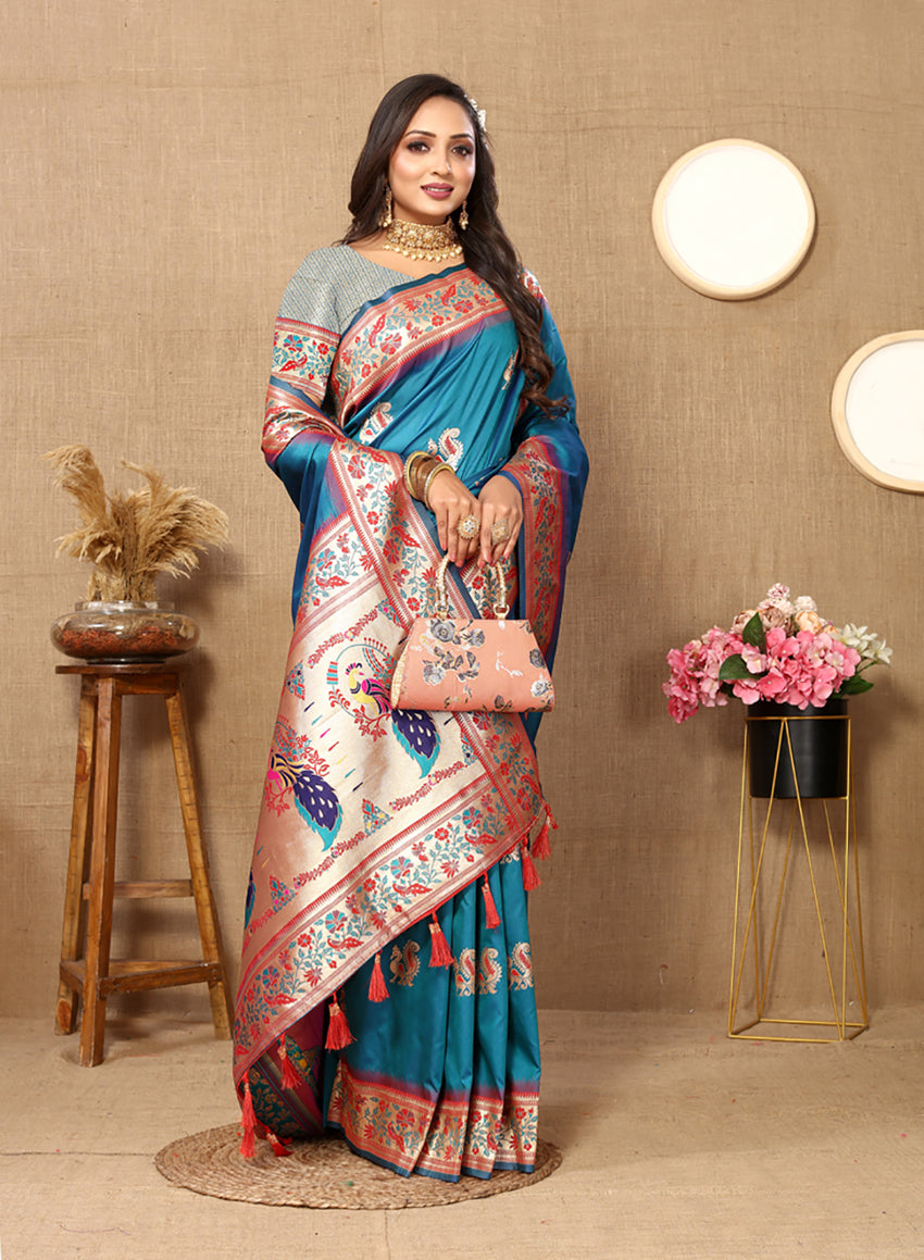 Lorenvalley Fashion Rama Soft Paithani Silk Woven Design Rich Meenakari Zari Weaving Pallu Saree | Grocsy