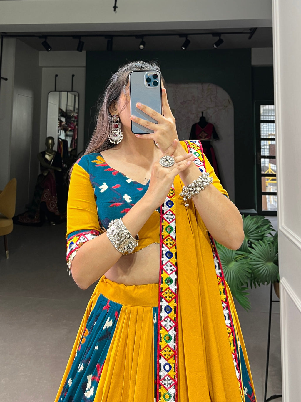 Lorenvalley Rayon Yellow and Rama with Printed Silk Original Mirror Gamthi Work and Embossed Design Gota Lehenga Choli with Dupatta | Grocsy