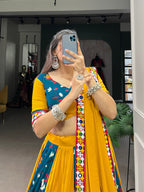 Lorenvalley Rayon Yellow and Rama with Printed Silk Original Mirror Gamthi Work and Embossed Design Gota Lehenga Choli with Dupatta | Grocsy