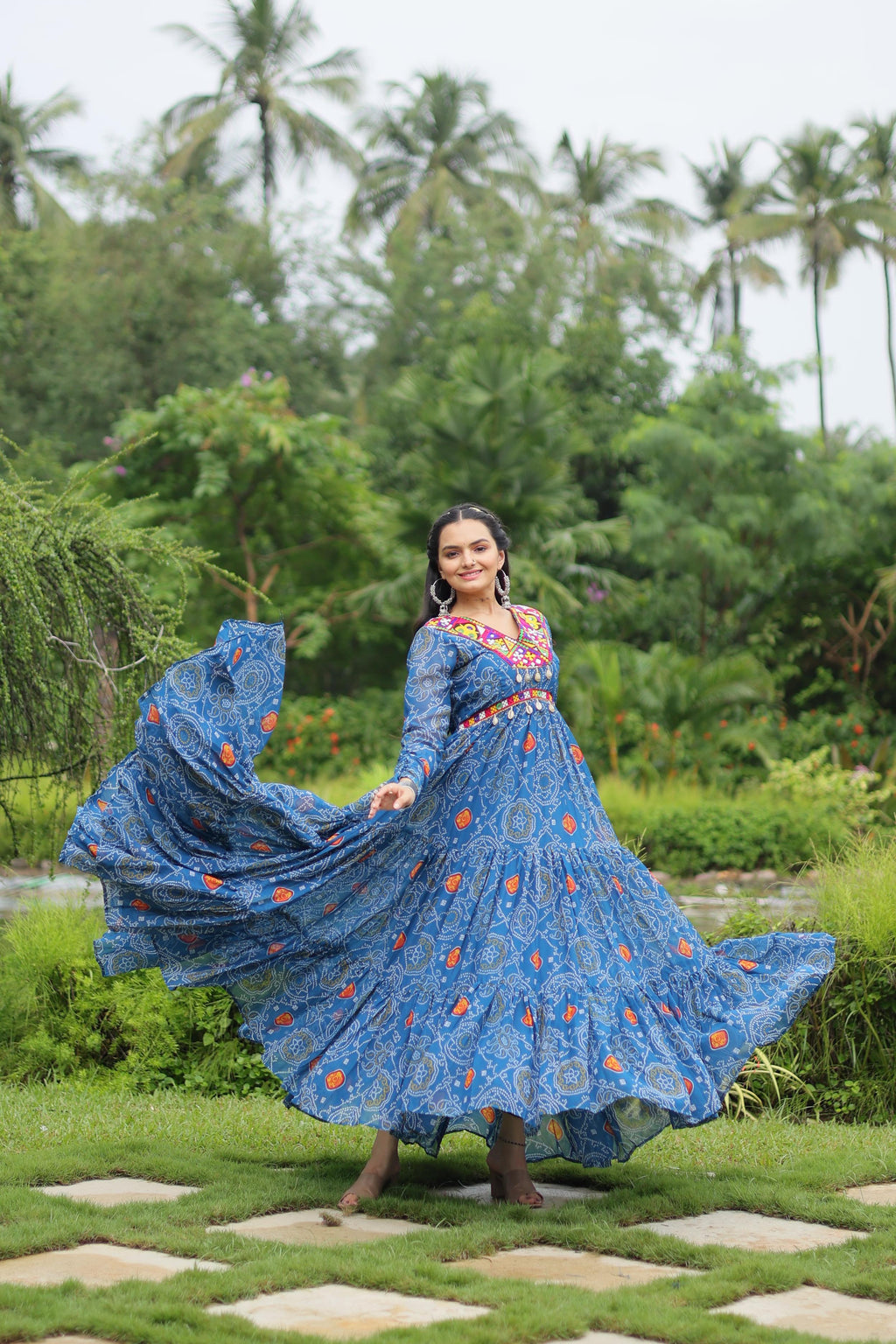 Lorenvalley Rama Faux Georgette Bandhani Print Work With Kutchi Patch Work Gown | Grocsy