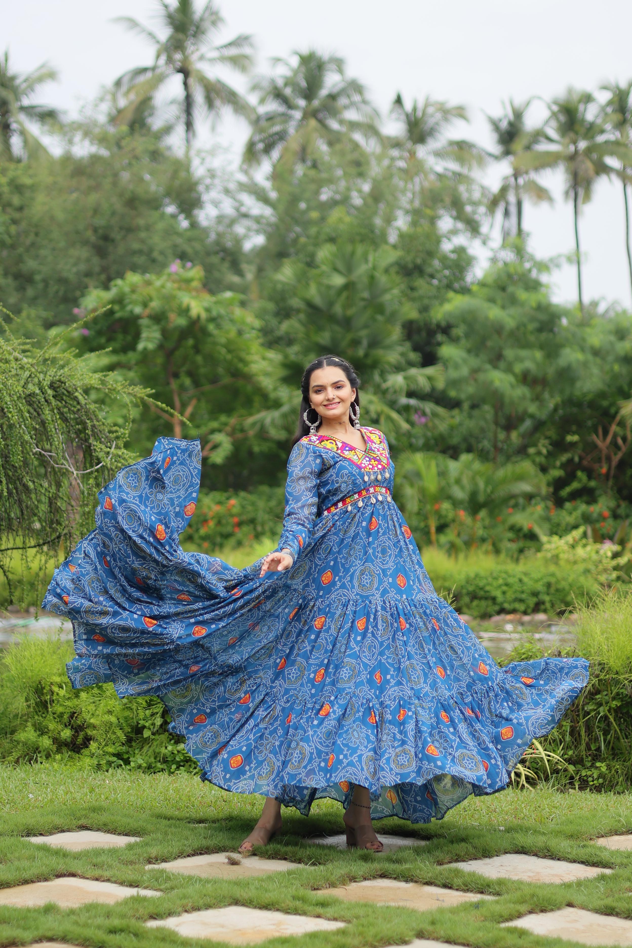 Lorenvalley Rama Faux Georgette Bandhani Print Work With Kutchi Patch Work Gown | Grocsy