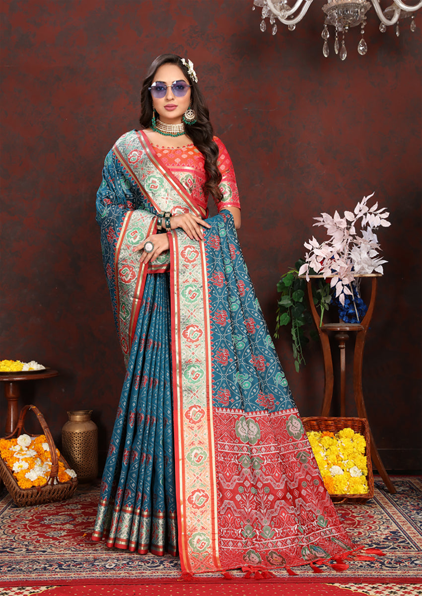Lorenvalley Fashion Rama Patola Silk Woven Design with Zari Meenakari Weaving motifs Pallu Saree | Grocsy