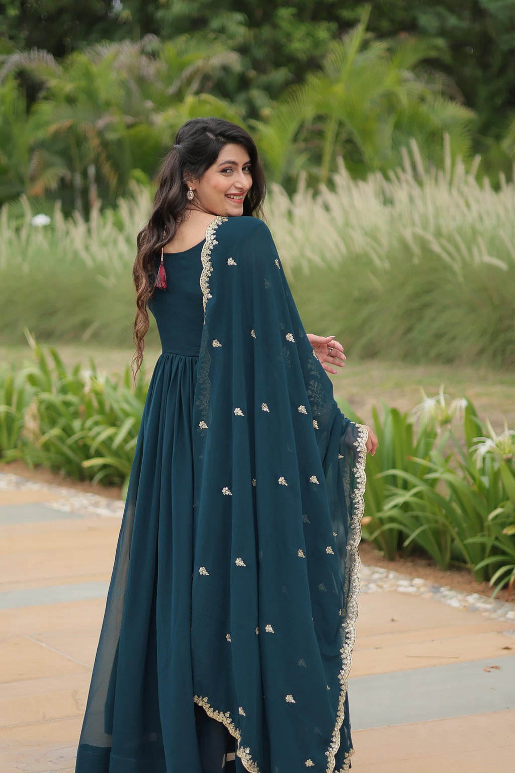Evanik Rama Faux Blooming Gown With Dupatta With Sequins-Multi & Zari Embroidered Work | Grocsy