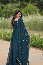 Evanik Rama Faux Blooming Gown With Dupatta With Sequins-Multi & Zari Embroidered Work | Grocsy