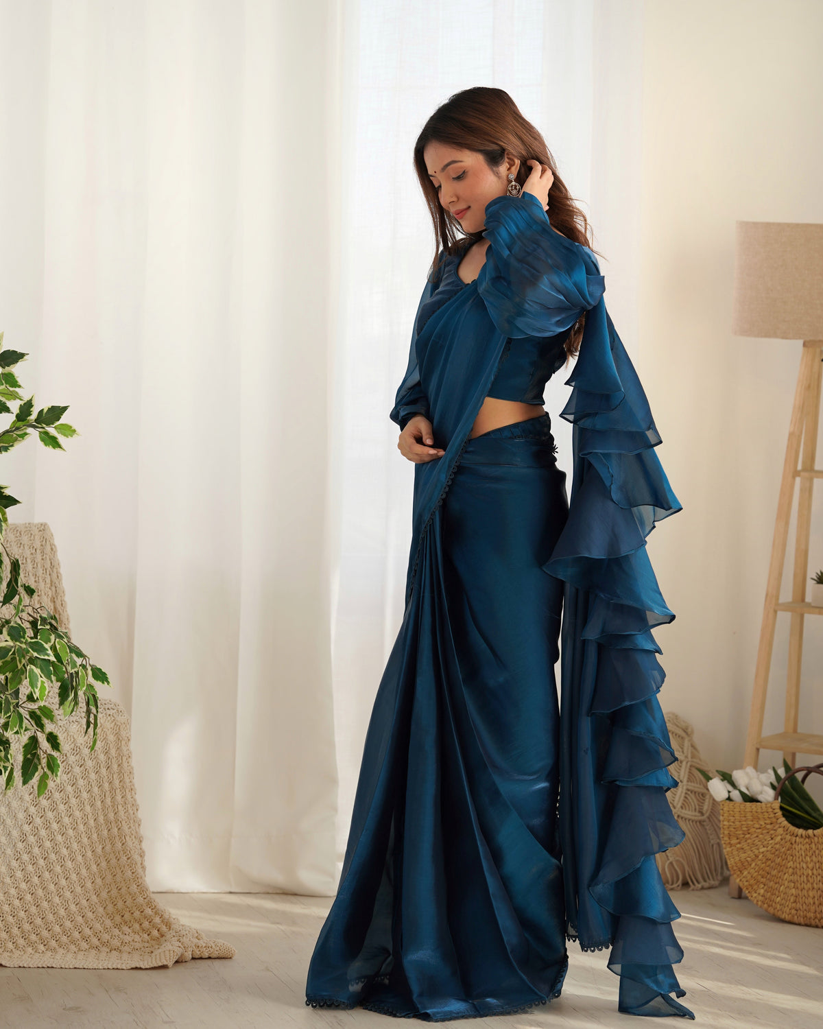 Lorenvalley Ready to wear Jimmy Choo Organza Fabric Border Lace Work Predrapped Saree | Grocsy