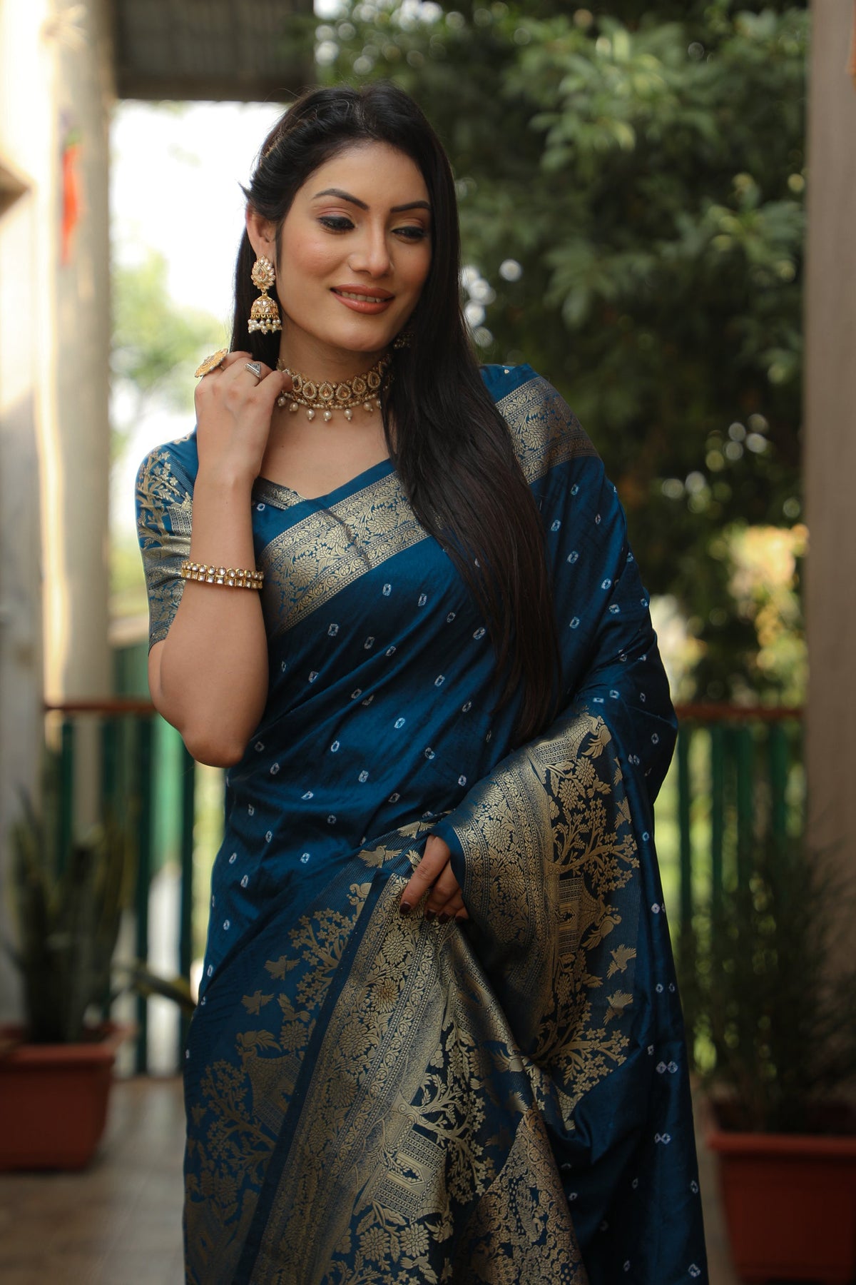 Lorenvalley Premium Pure Handmade Bandhej Kanjivaram silk saree with Zari Weaving Rich Pallu saree - Rama | Grocsy