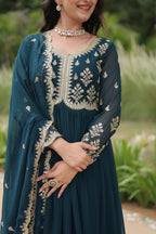 Evanik Rama Faux Blooming Gown With Dupatta With Sequins-Multi & Zari Embroidered Work | Grocsy