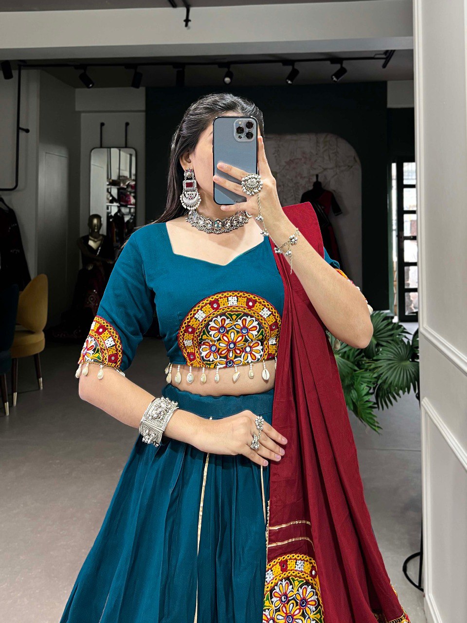Lorenvalley Rama Pure Cotton Plain And Gamthi Patch Work With Gota Patti Lehenga Choli with Dupatta | Grocsy